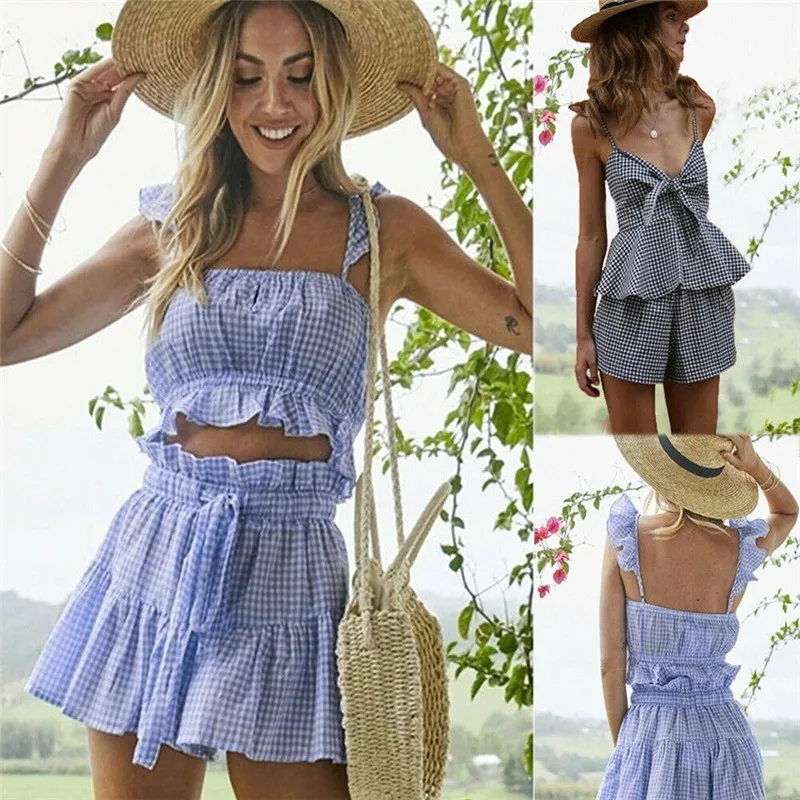 New casual women's blue plaid cut short vest sling + bow shorts suit girl wind split suit Size 6-14
New casual women's blue plaid cut short vest sling + bow shorts suit girl wind split suit Size 6-14