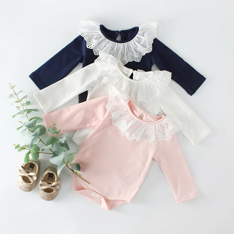 Autumn new born baby girls clothing cotton lace collar long sleeve romper solid pink navy white color baby jumpsuit
Autumn new born baby girls clothing cotton lace collar long sleeve romper solid pink navy white color baby jumpsuit