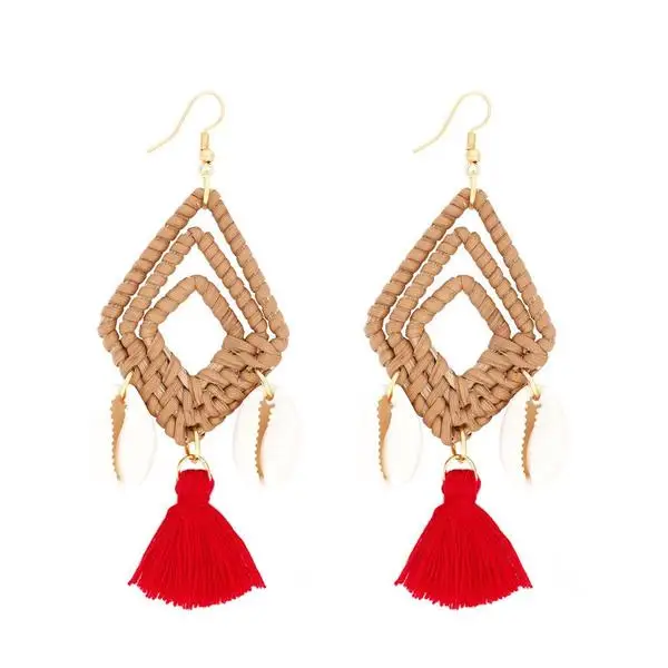 Latest Design Womens Rattan Tassel Wicker Woven Sea Shell Conch Hooks Earrings Jewelry 2019