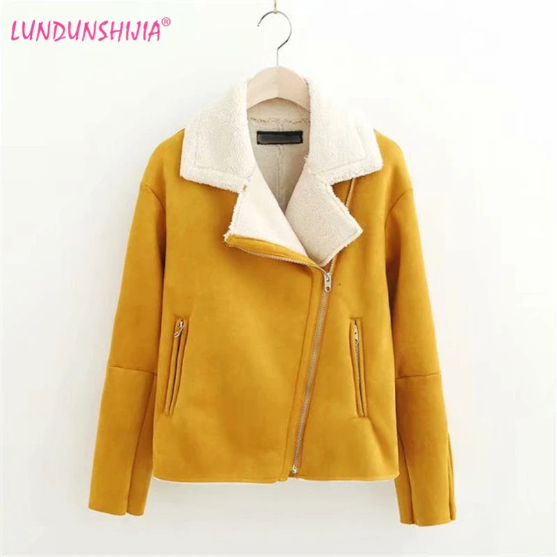 

LUNDUNSHIJIA 2019 Winter High -Quality Jacket Female Yellow Suede Keep Warm Coat Motorcycle Lapels Coat Female Thicker Jacket Wo