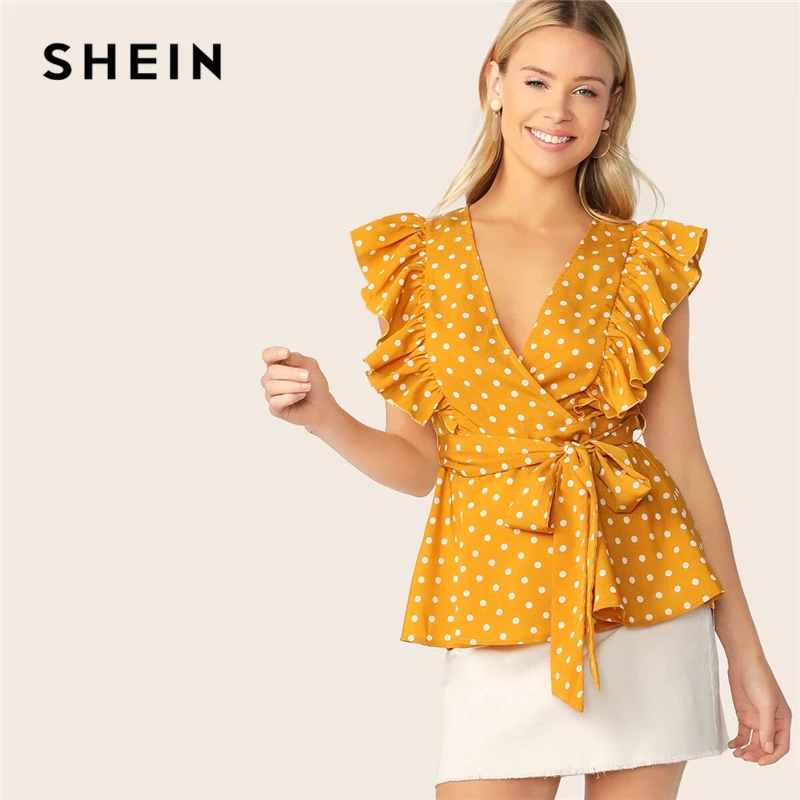 

SHEIN Polka-Dot Ruffle Armhole Wrap Belted Top V Neck Ginger Sleeveless Blouses Woman 2019 Summer Womens Tops And Blouses