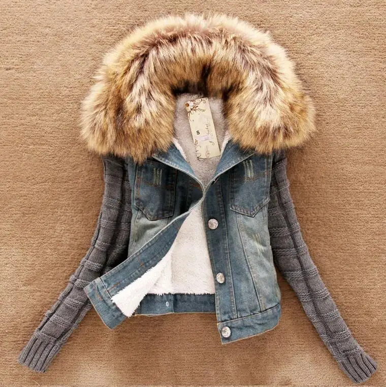 

4xl casaco feminino winter women fashion denim jacket Movable furs collar Wool coat Bomber Jacket jean women basic coats