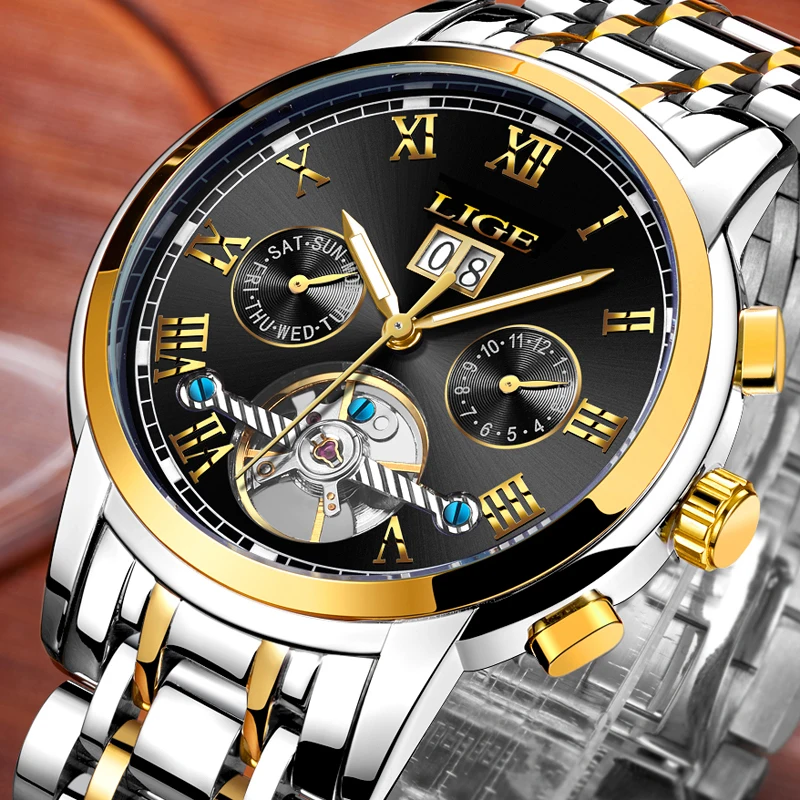 Модные мужские часы LIGE Топ бренд класса люкс турбийон водонепроницаемые