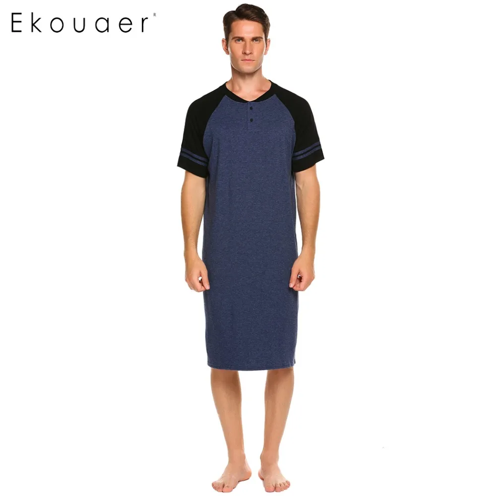 

Ekouaer Men Sleepwear Raglan Sleeve Nightshirt Patchwork Long Lightweight Half Button Loose Pajama Casual Sleepshirt Homewear