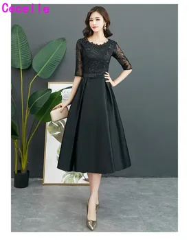 Vintage Tea Length Black Short Modest Bridesmaid Dresses With Half Sleeves A-line Satin Lace Bridesmaid Wedding Party Dress
Vintage Tea Length Black Short Modest Bridesmaid Dresses With Half Sleeves A-line Satin Lace Bridesmaid Wedding Party Dress