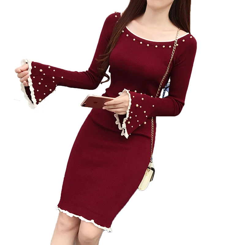 Fashion Autumn Winter Pearl Beading Knitted Dress Women 2018 Elegant High Street Long Flare Sleeve Bodycon Party Dresses
Fashion Autumn Winter Pearl Beading Knitted Dress Women 2018 Elegant High Street Long Flare Sleeve Bodycon Party Dresses