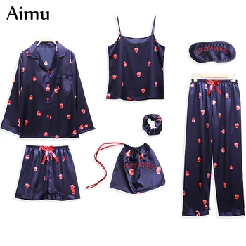 Spring Summer 7 Pcs Set Silk Elegant Women Pajamas Dot Print pajama set Long Sleeve Top Elastic Waist Pant Full Lounge Sleepwear
Spring Summer 7 Pcs Set Silk Elegant Women Pajamas Dot Print pajama set Long Sleeve Top Elastic Waist Pant Full Lounge Sleepwear