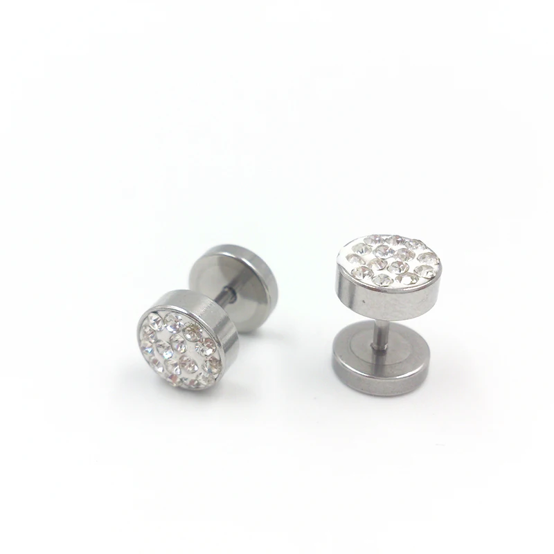 Hot 1Pair Black/Silver Color Men Barbell Punk Ear Studs Trendy Round Stainless Steel Crystal Rhinestone Stud Earrings For |