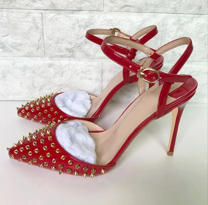 

High Quality Red Patent Leather High Heel Shoes Gold Studded Rivet Slingbacks Ladies Shoes Pumps Wedding Shoes Bride Big Size 10