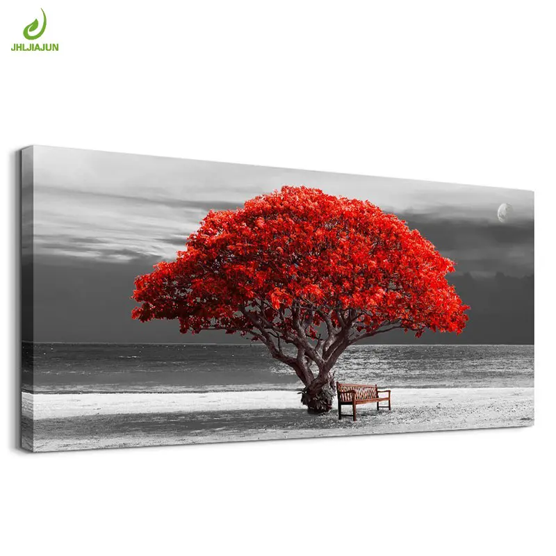 

JHLJIAJUN Landscape Canvas Painting Maple Tree Beautiful Beach Posters HD Wall Art Picture Home Decor Wall Art For Living Room