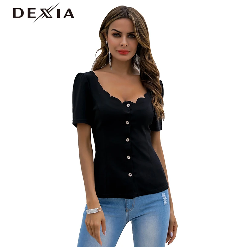 DEXIA Summer Buttons Eleagnt Sexy Blouse Women Party Flower Black Shirts Solid Short Sleeve Skinny Deep Round Neck Shirt Femme
DEXIA Summer Buttons Eleagnt Sexy Blouse Women Party Flower Black Shirts Solid Short Sleeve Skinny Deep Round Neck Shirt Femme