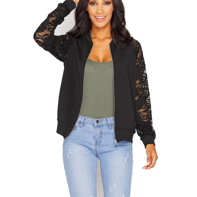 Women Lace Sleeve Basic Coats Long Sleeve Lace Patchwork Transparent Zipper Casual Slim Jacket Coat Bomber Jacket Outwear
Women Lace Sleeve Basic Coats Long Sleeve Lace Patchwork Transparent Zipper Casual Slim Jacket Coat Bomber Jacket Outwear