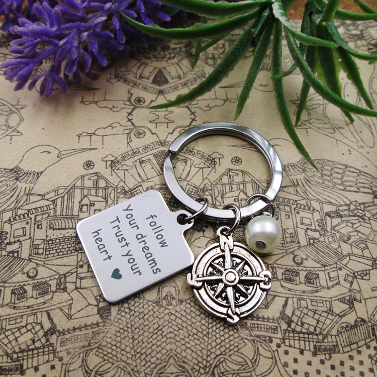 High quality Key chain follow your dreams trust your heart with c ompass stainless steel keyring birthday gift
High quality Key chain follow your dreams trust your heart with c ompass stainless steel keyring birthday gift