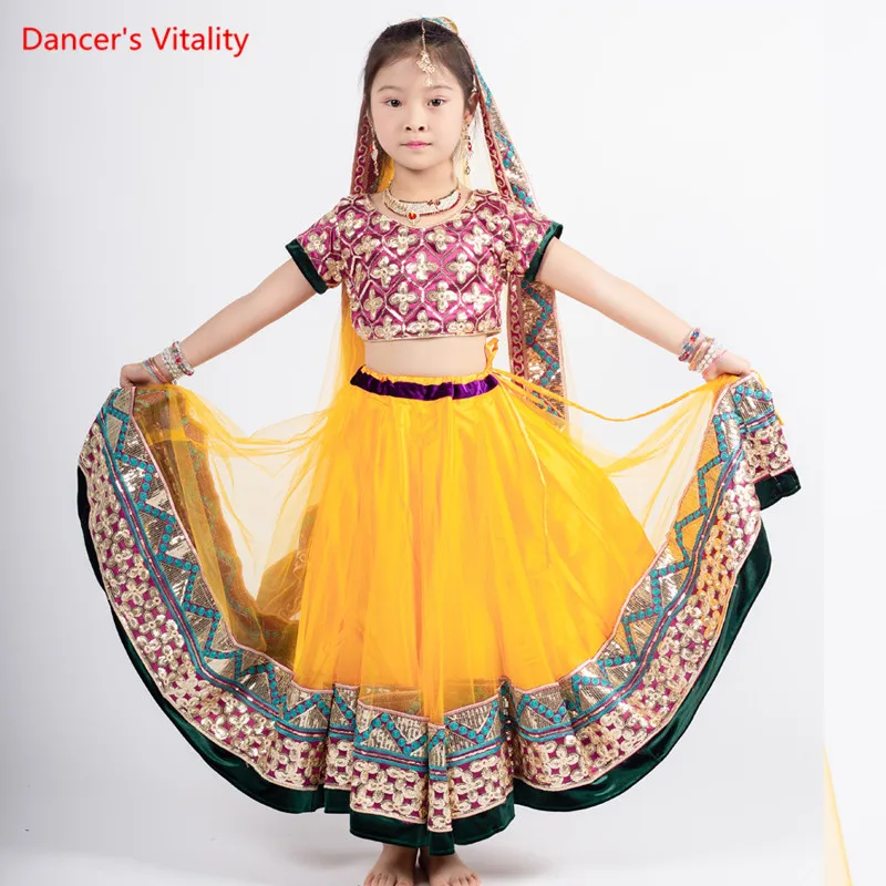 Child India Dance Suit Performance Clothes Girls Belly Tops+Skirt+Veil 3pcs Set For Kid's Stage Competition Costumes | Тематическая