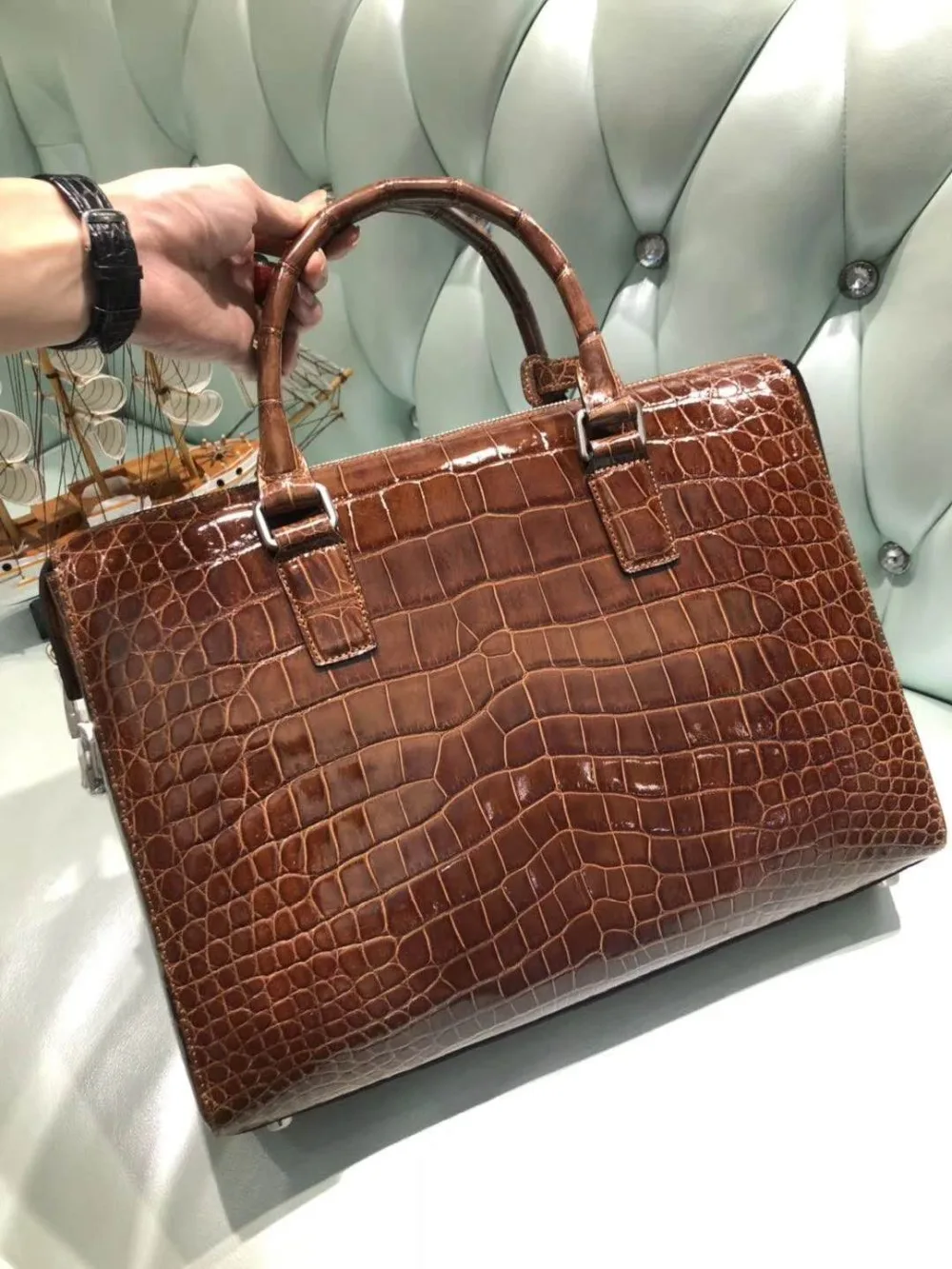 

High glossy shinny Luxury quality genuine real crocodile skin belly leather men business briefcase bag laptop with code locker
