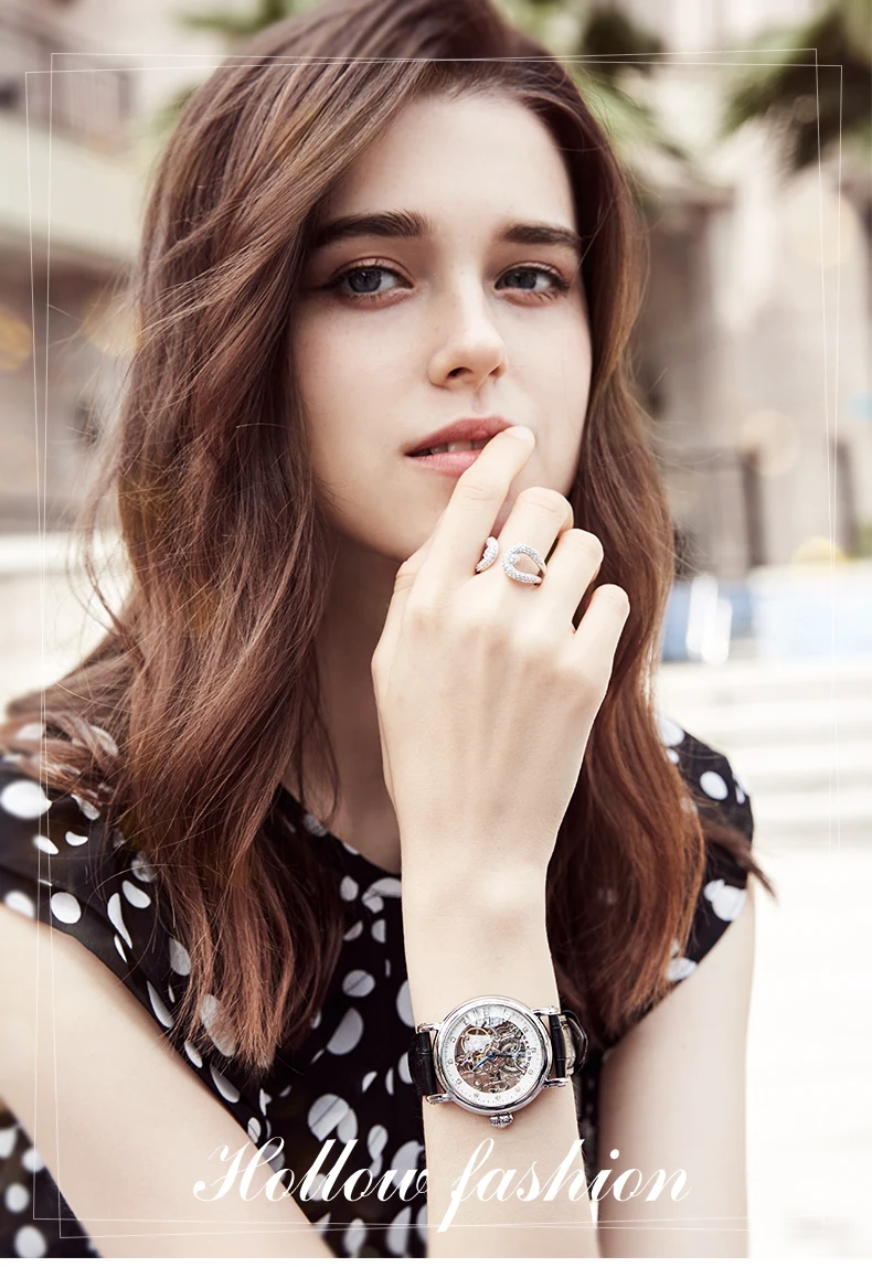 SEKARO Brand Women Mechanical Watches Diamond Ladies hand-winding Wristwatches Leather Fashion Skeleton Dial Gift for Female
