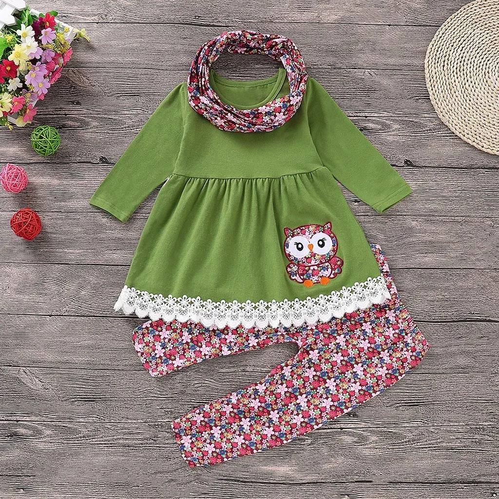 Children Kids Girls Cartoon Embroider Owl Dress+Floral Pants+Scarf Set Outfit clothes for girls 10 years children clothes hot
Children Kids Girls Cartoon Embroider Owl Dress+Floral Pants+Scarf Set Outfit clothes for girls 10 years children clothes hot