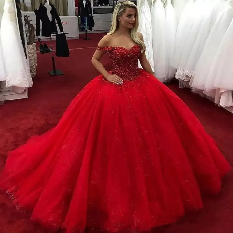 Luxury Plus Size Red Wedding Dresses Sweep Train Tulle Puffy Beaded Robe De Mariage Bridal Gowns 2019
Luxury Plus Size Red Wedding Dresses Sweep Train Tulle Puffy Beaded Robe De Mariage Bridal Gowns 2019
