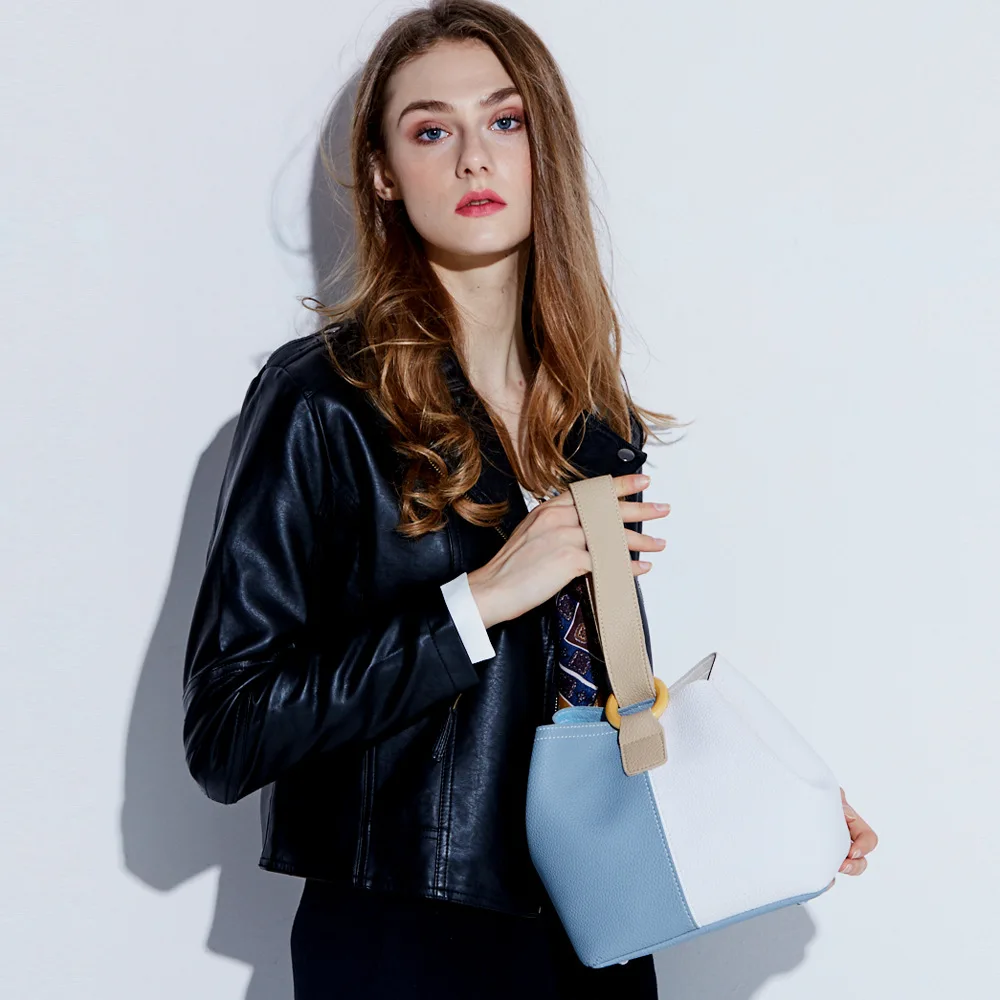 2018 Luxury Genuine Leather Bucket Handbag Women Casual Panelled Crossbody Bag Soft Cow Small Shoulder Messenger Bags | Багаж и сумки