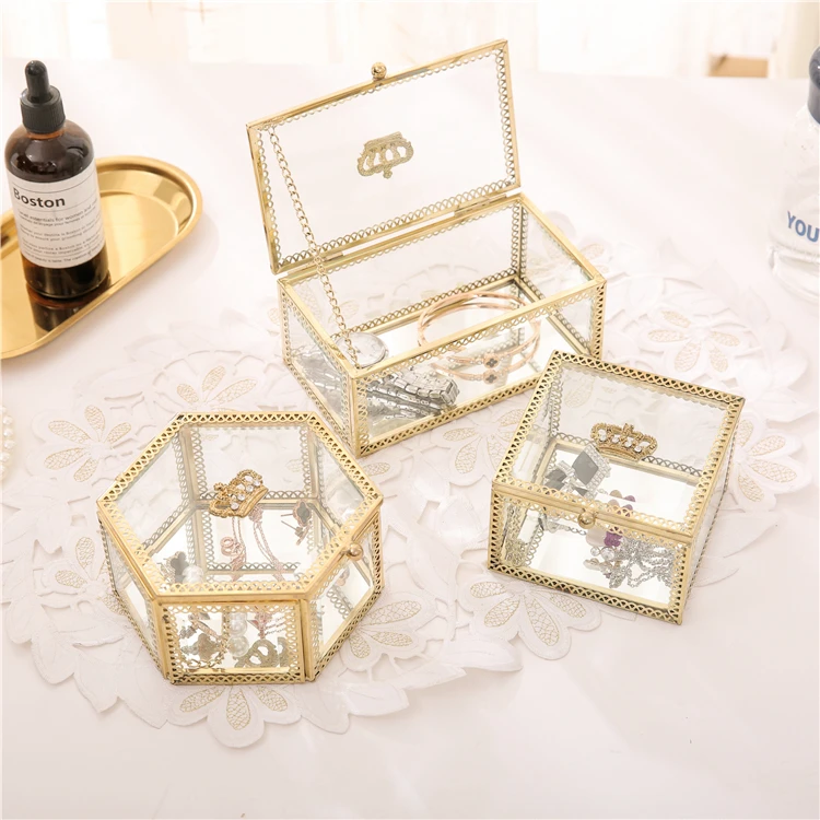 

High Class Vintage Style Brass Metal & Clear Glass Mirrored Shadow Box Jewelry Display Case w/Hinged Top Lid