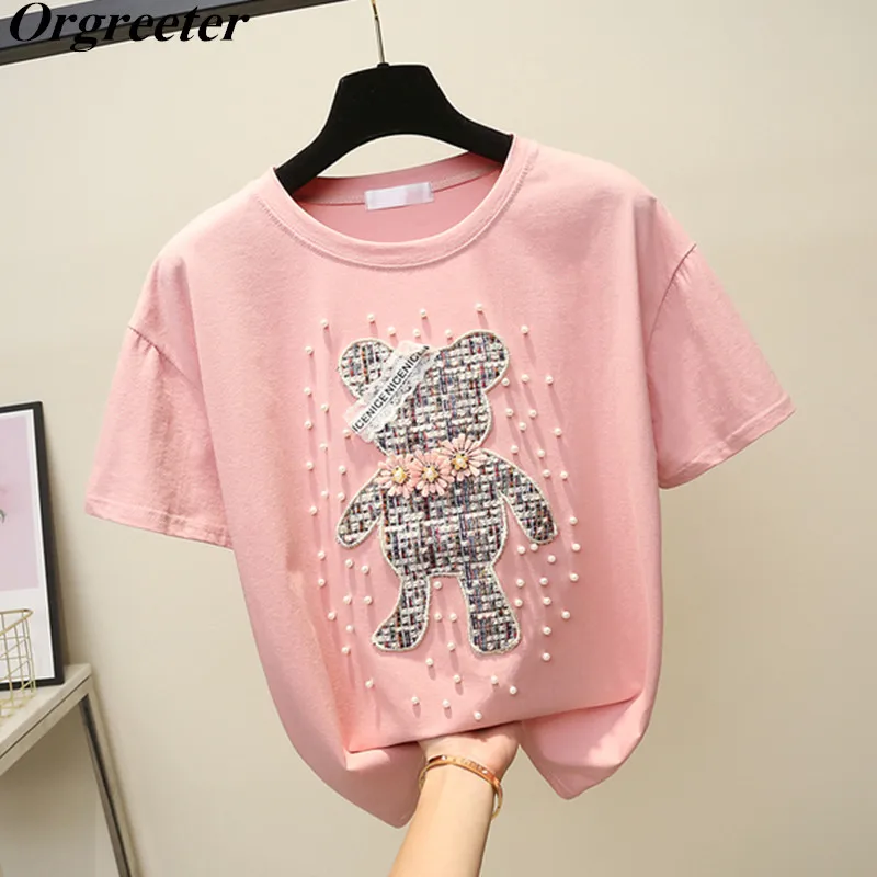 2019 New Fashion Casual T shirt Women Summer Tops Beading Diamond Bear Appliques T shirt Women Cotton Tops
2019 New Fashion Casual T shirt Women Summer Tops Beading Diamond Bear Appliques T shirt Women Cotton Tops