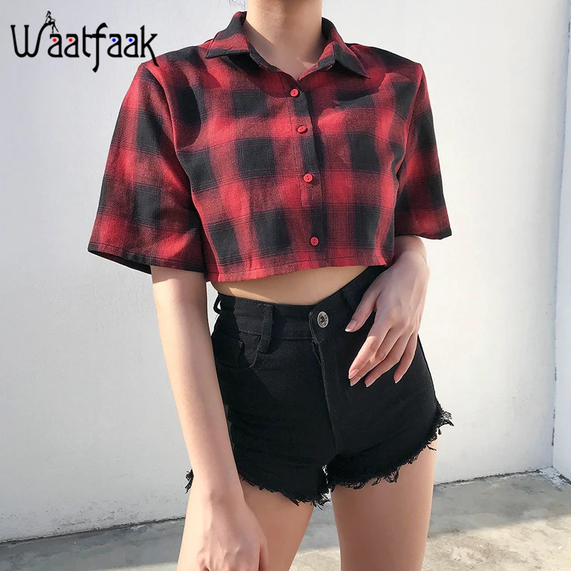 Waatfaak Plaid Printed Turn-down Collar Red Oversized T Shirt Harajuku Fashion Short Sleeve Cropped Tee Shirt Ladies Casual Top
Waatfaak Plaid Printed Turn-down Collar Red Oversized T Shirt Harajuku Fashion Short Sleeve Cropped Tee Shirt Ladies Casual Top