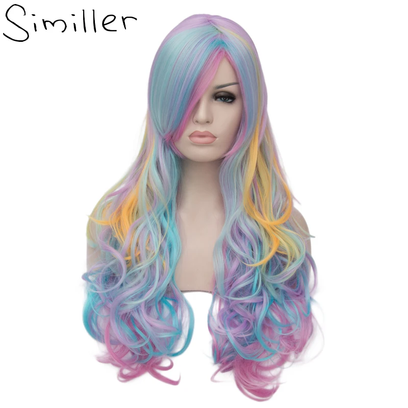 

Similler Long Curly Inclined Bang Cosplay Synthetic Wig Multi Color Rainbow Fake Hair Highlights Fluffy Air Volume