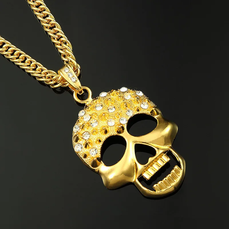 New fashion personality high quality gold color inlaid crystal skull - end necklace pendant jewelry | Украшения и аксессуары