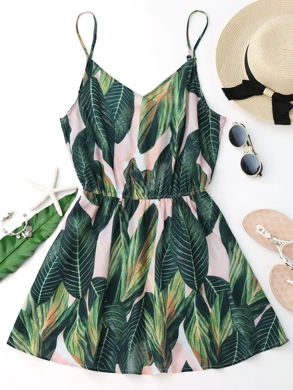 Sexy Beach Dress Women Mini Summer Dress Leaf Print Sleeveless V Neck Spaghetti Strap Elastic Waist Dress (Us 4-12)