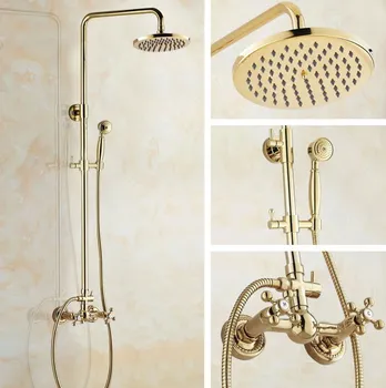 Luxury Polished Gold Color Brass Dual Cross Handles Bathroom 8" Inch Round Rainfall Shower Faucet Set Bath Mixer Tap mgf324
Luxury Polished Gold Color Brass Dual Cross Handles Bathroom 8" Inch Round Rainfall Shower Faucet Set Bath Mixer Tap mgf324