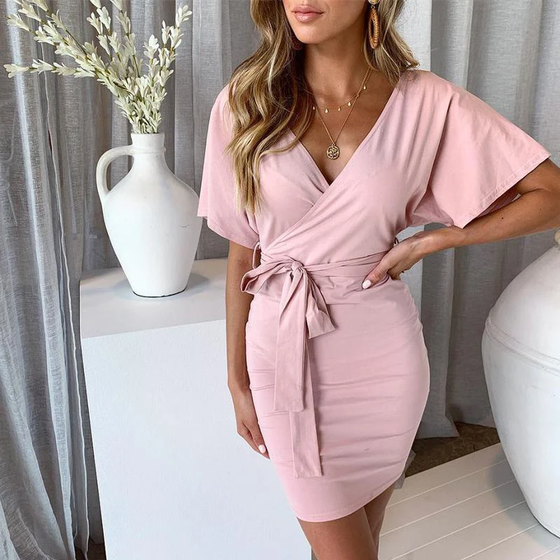 

2019 Summer New Fashion V Neck Binding Bow Wrap Bodycon Dress Tie Waist Sexy Slim Mini Sundress Elegant Party Vestidos платье