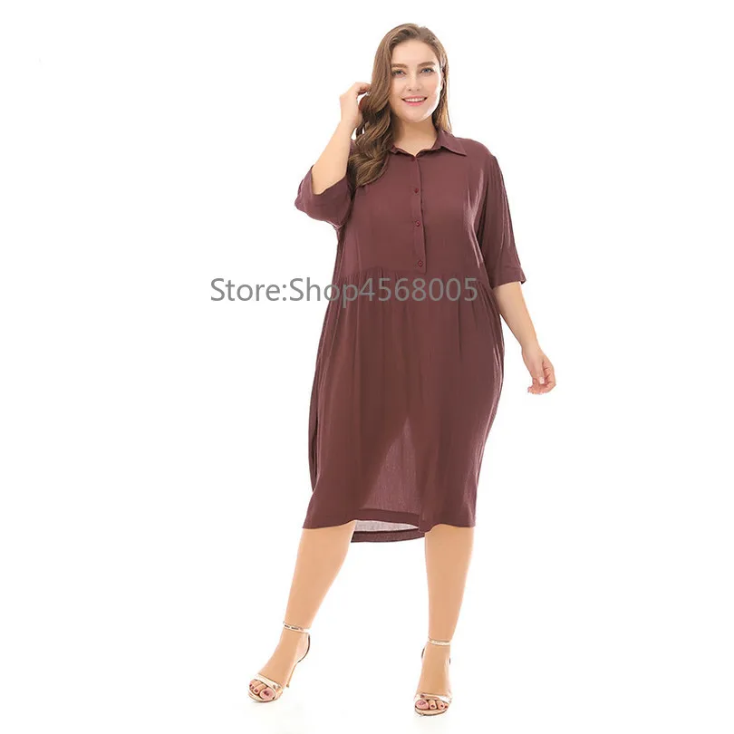 Prered 2018 New Plus Size Dress Summer Vintage LooseSolid Turn-down Collar Office Dresses Big XXXL Vestido | Женская одежда