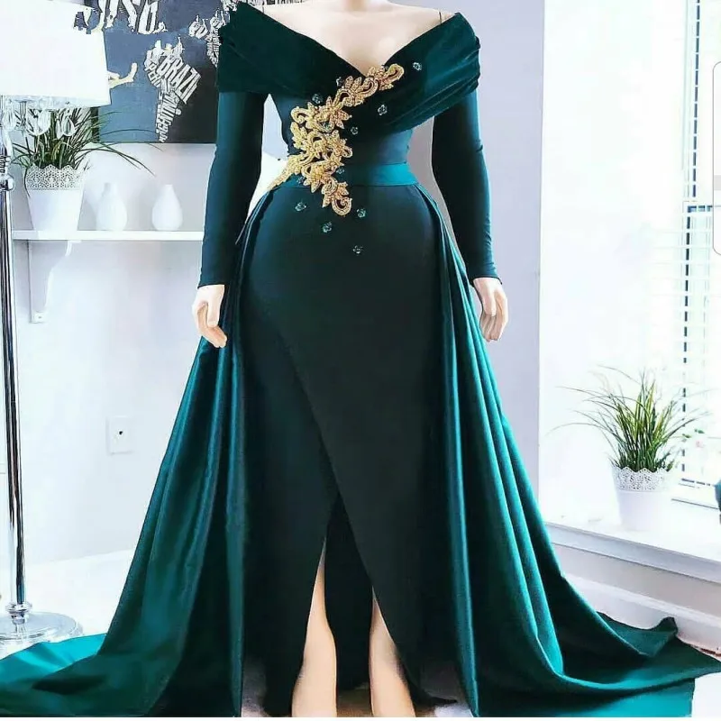 Emerald Green Long Sleeves Evening Dress Detachable Skirt V-Neck Off the Shoulder Gold Beaded Long Arabic Prom Formal Dresses
Emerald Green Long Sleeves Evening Dress Detachable Skirt V-Neck Off the Shoulder Gold Beaded Long Arabic Prom Formal Dresses