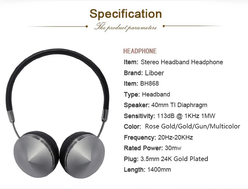 Liboer Beautiful Headphones Dynamic Headband Rose Gold Headphones with Mic Wired Headset for Mobile Phone On-ear Headphone 10