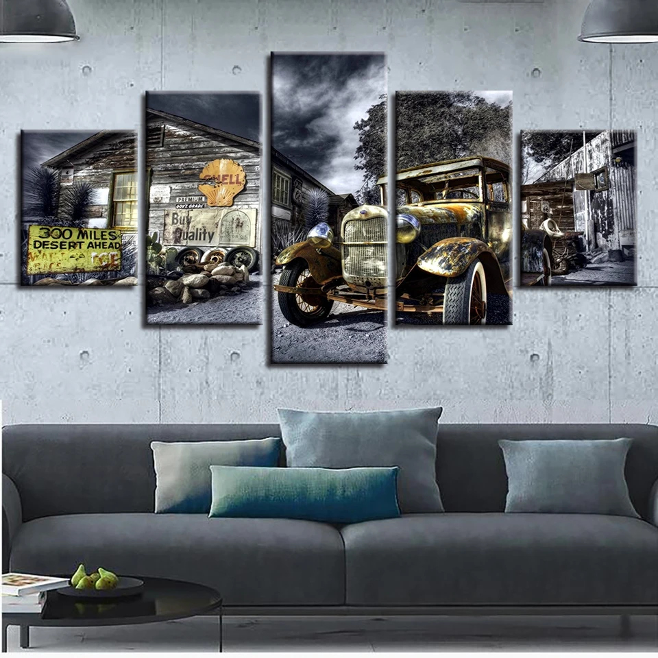 Canvas-Poster-Wall-Art-Printed-5-Pieces-Antique-Hot-Rod-Vintage-Car-Paintings-Landscape-Pictures-Modular