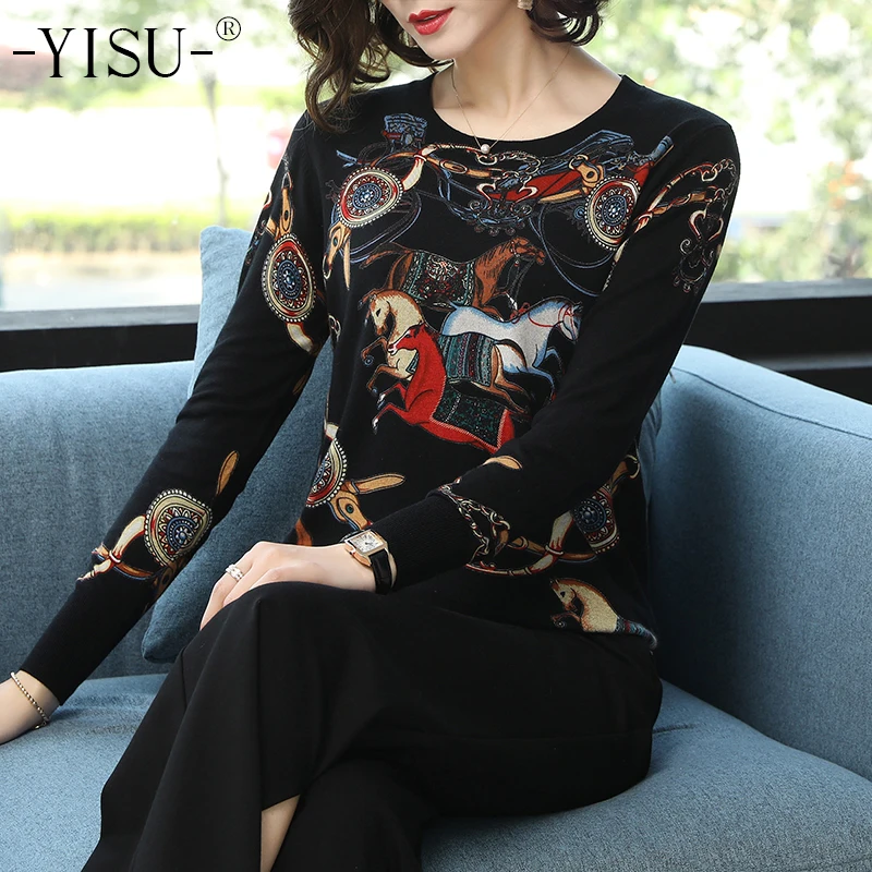 YISU 2019 high quality Sweater Spring Autumn Loose Knitted Sweater Color horse print Pullover Women O-Neck Sweater female Tops
YISU 2019 high quality Sweater Spring Autumn Loose Knitted Sweater Color horse print Pullover Women O-Neck Sweater female Tops