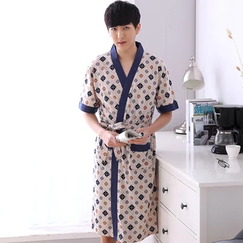 

Fashion Bathrobe New Style Thin Cotton Knited Men Robes V Neck Mens Sexy Sleepwear Summer Male Kimono Short Sleeve Pajamas