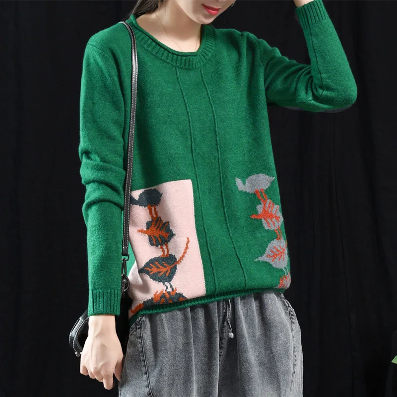 Women Retro Loose Patchwork Sweaters Ladies Autumn Spring Knitted Tops Knitwear Female 2019 Loose Leaves Pattern Pullovers Knit
Women Retro Loose Patchwork Sweaters Ladies Autumn Spring Knitted Tops Knitwear Female 2019 Loose Leaves Pattern Pullovers Knit