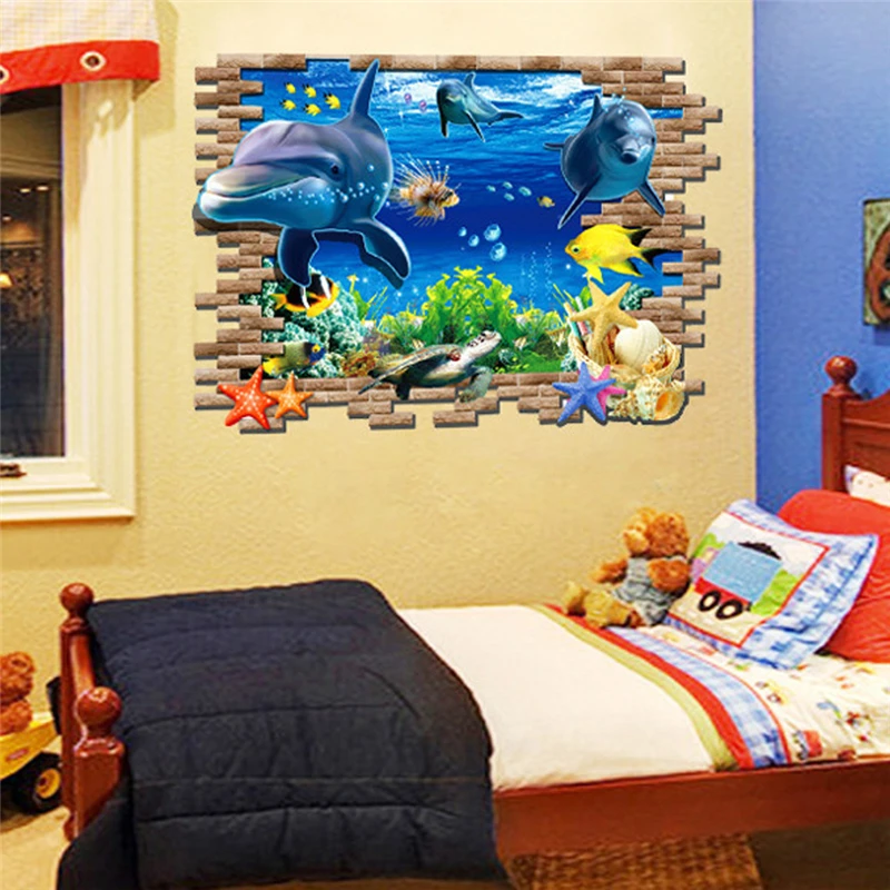 

Sea Dolphin Ocean Window 3D Wall Stickers For Nursery Kids Room Decorations Fish Underwater Pattern Home Living Room Mural Decal