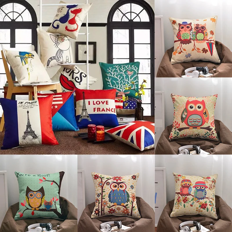 

New Owl Painting Flax Pillowcase Self-portrait 45X45cm Pillow Case Home Decorative Pillows Cover For Sofa Car Cojines