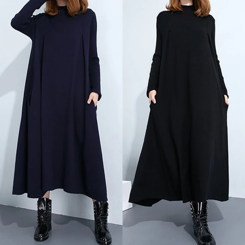 Surdimensionné L-5XL Femmes Tricoté Hiver Robes Chaudes og Manches Longues Col Haut Poches Latérales Longues Robe Solide Spørgsmål Plus La Waist Vestidos