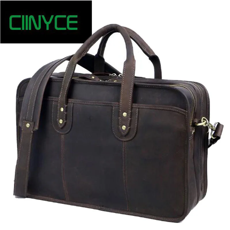 

Satchel Genuine Cow Leather Nature Skin Cowhide Crazy Horse Men's Business Handbags 15 inches Laptop Totes Male Cross body Bags