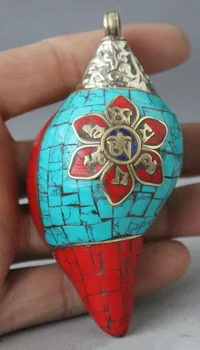 

Chinese Buddhism in Tibet silver turquoise coral conch shells amulet pendant necklace.