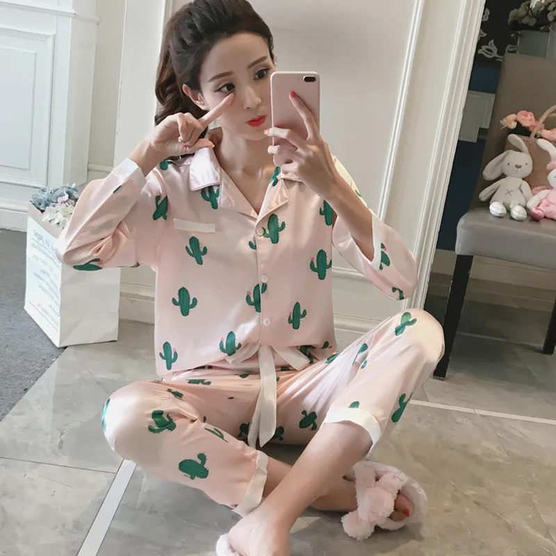 women pyjamas sets Satin Pajama Set Female cute cactus printed pajamas Set Sleepwear spring Autumn HomeWear nightwear For Women
women pyjamas sets Satin Pajama Set Female cute cactus printed pajamas Set Sleepwear spring Autumn HomeWear nightwear For Women
