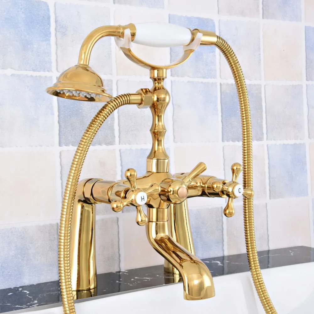 Luxury Gold Color Brass Deck Mounted Bathroom Tub Faucet Dual Handles Telephone Style Hand Shower Clawfoot Tub Filler atf784
Luxury Gold Color Brass Deck Mounted Bathroom Tub Faucet Dual Handles Telephone Style Hand Shower Clawfoot Tub Filler atf784