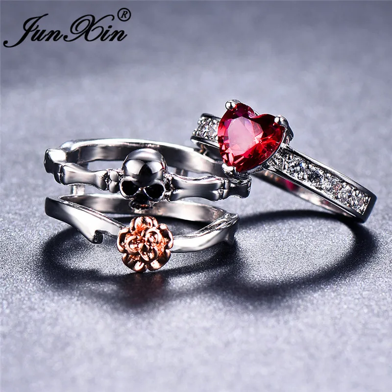 JUNXIN Luxury Female Rose Flower Skull Ring Sets For Women 925 Sterling Silver Filled Red Heart Ring With Zircon Triple Ring Set
JUNXIN Luxury Female Rose Flower Skull Ring Sets For Women 925 Sterling Silver Filled Red Heart Ring With Zircon Triple Ring Set