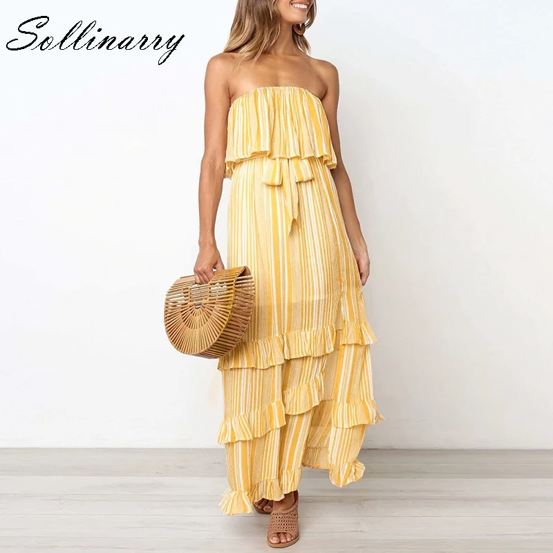 Sollinarry Summer Female Casual Beach Strapless Long Dresses Sexy Beach Maxi Dresses Stripe Yellow Vintage Dress Vestidos Ruffle
Sollinarry Summer Female Casual Beach Strapless Long Dresses Sexy Beach Maxi Dresses Stripe Yellow Vintage Dress Vestidos Ruffle