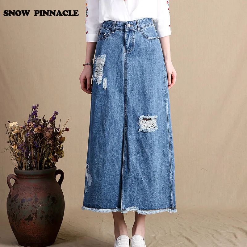 Image SNOW PINNACLE 2017 Denim Skirt Summer Women Long Maxi Relaxed Casual Jean Skirt A line High Waisted Single Breasted Plus size