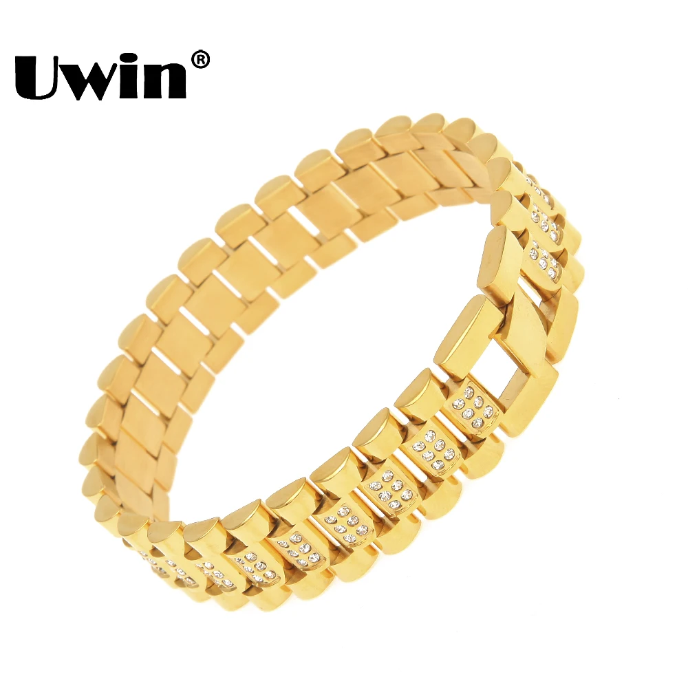 Uwin Gold Color 15mm Wristband Link Bracelet Full Iced Out Rhinestones Top Quality Fashion Mens Watch Strap Bangles Jewelry
Uwin Gold Color 15mm Wristband Link Bracelet Full Iced Out Rhinestones Top Quality Fashion Mens Watch Strap Bangles Jewelry