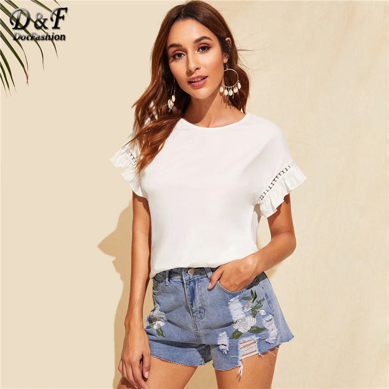 Dotfashion White Ruffle Trim Guipure Lace Detail Top Women Summer T-Shirt 2019 Flounce Short Sleeve Ladies Tops Cute Solid Tees
Dotfashion White Ruffle Trim Guipure Lace Detail Top Women Summer T-Shirt 2019 Flounce Short Sleeve Ladies Tops Cute Solid Tees